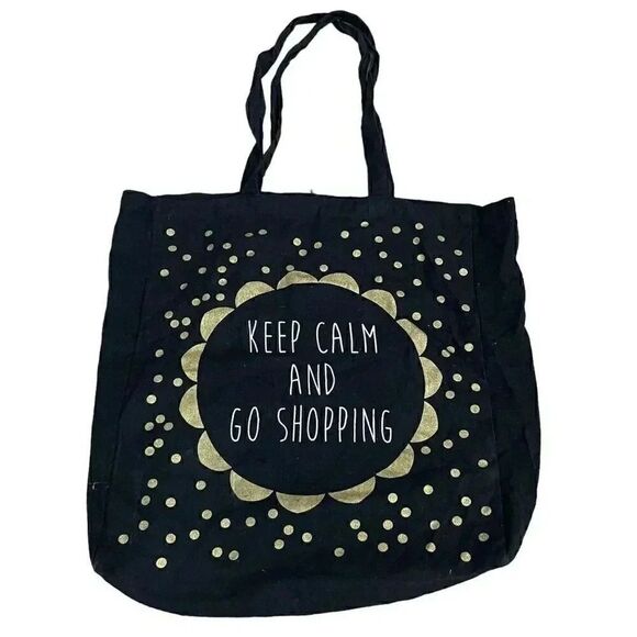 Keep Calm And Go Shopping Graphic Cotton Black Gold Tote Bag One SZ #1115 - Picture 1 of 9